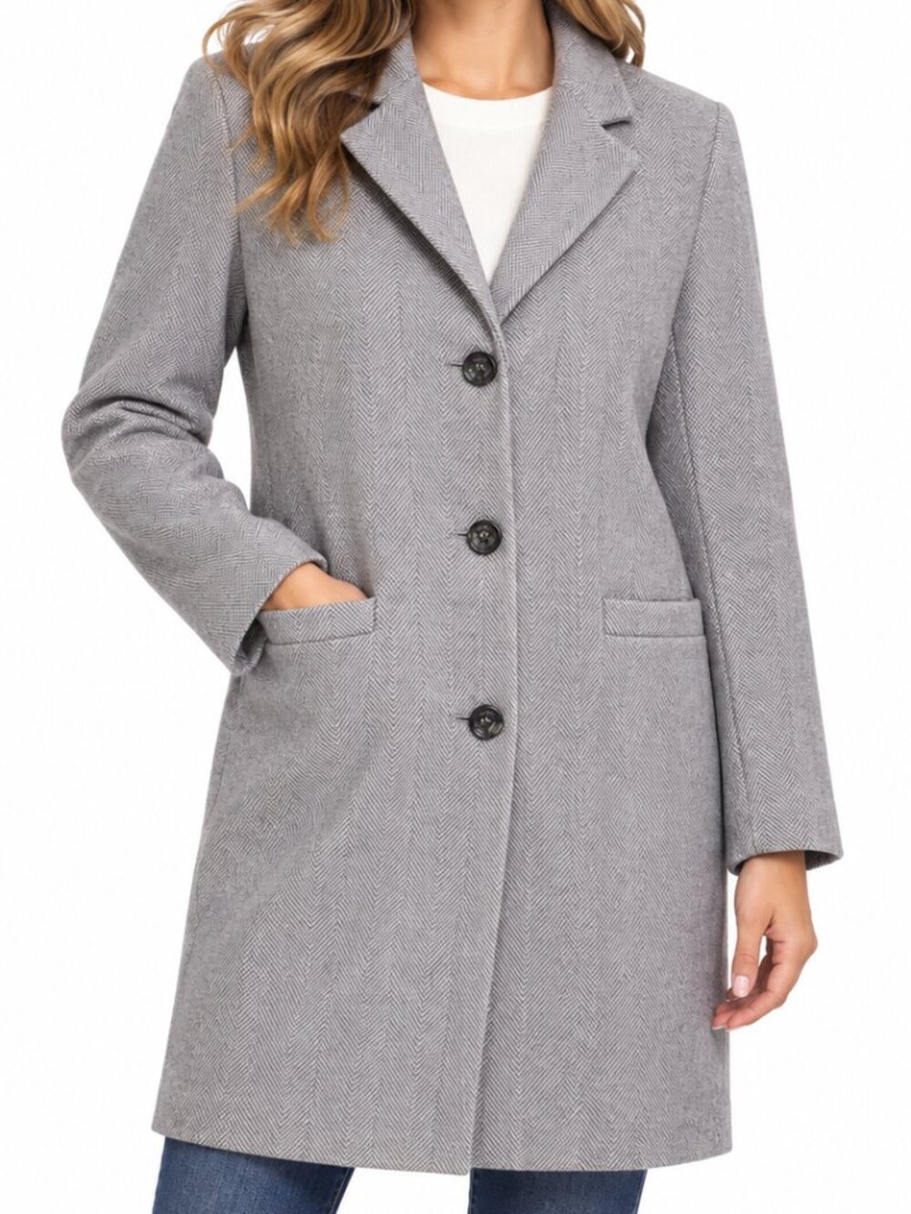 LAUREN RALPH LAUREN Wool Blend Chevron Knee Length Pea Coat Grey Sz 10 Peacoat